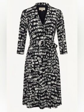 Hobbs London Midi  Black White Abstract Geometric Wrap Dress US 10